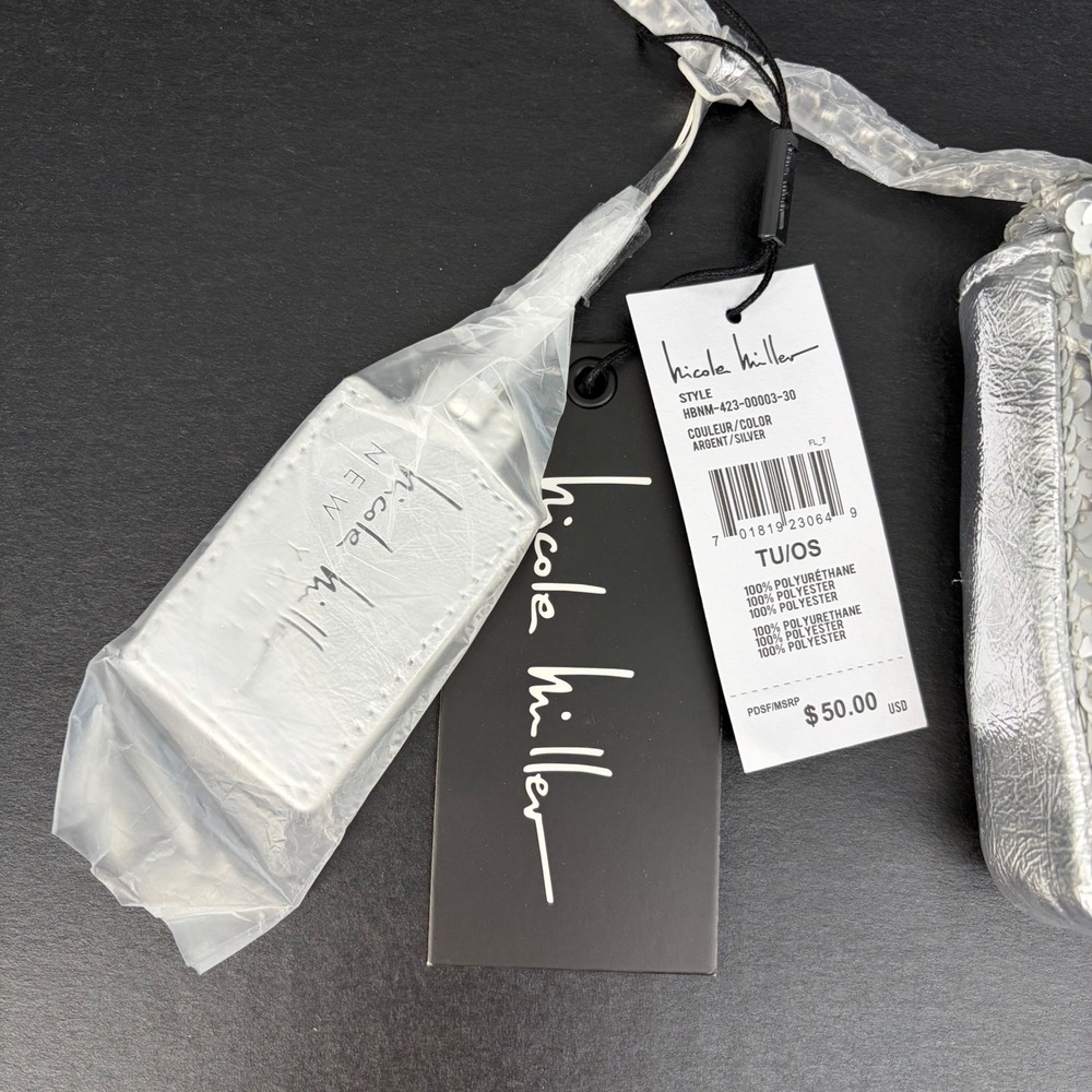 Nicole Miller Sequin Crossbody Clutch Evening Bag Silver Chevron Metallic‎ Small - Picture 5 of 7